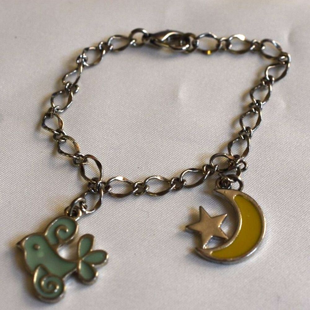 Fun Funky Girls Bird/Moon/Star Silver Tone Link Chain 7" Charm Bracelet